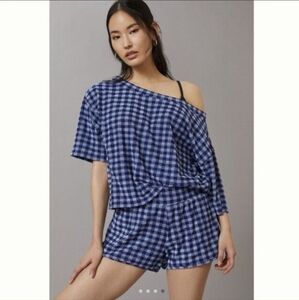 Anthropologie Daily Practice Barsa Terry Cloth checked Loungewear Shorts Set L